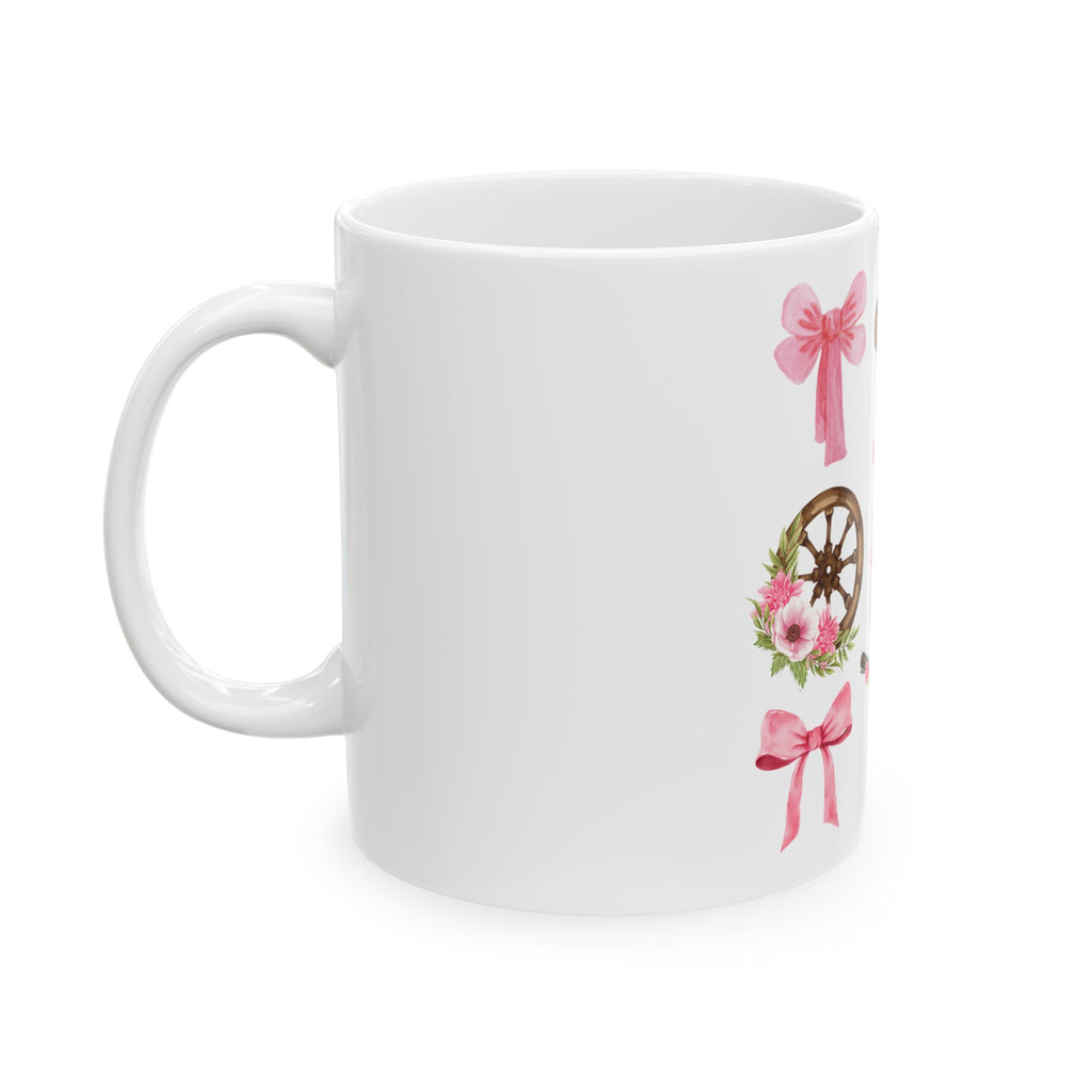 Country Charm Ceramic Mug — Pink Girly Cowgirl Icons & “I Beg Your” Quote (11oz/15oz)