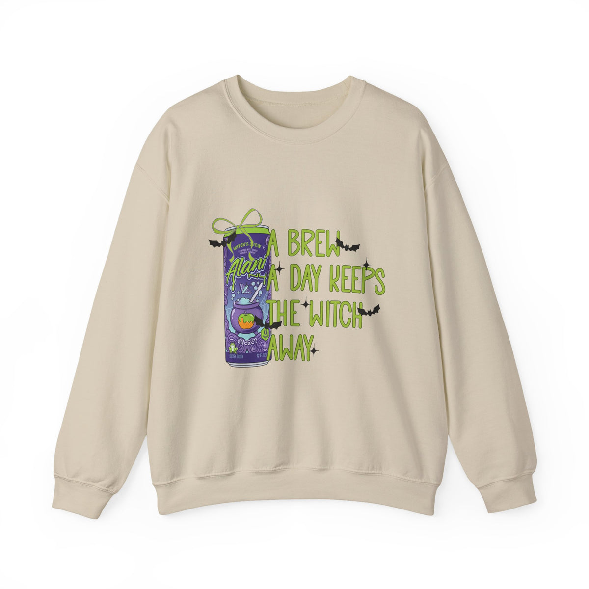 Crewneck Sweatshirt — "Brew Day Keeps the Witch Away" Halloween Coffee Witch Pullover