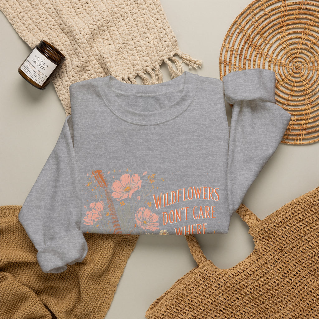 Crewneck Sweatshirt — Wildflowers Don’t Care Where They Grow Floral Guitar Graphic