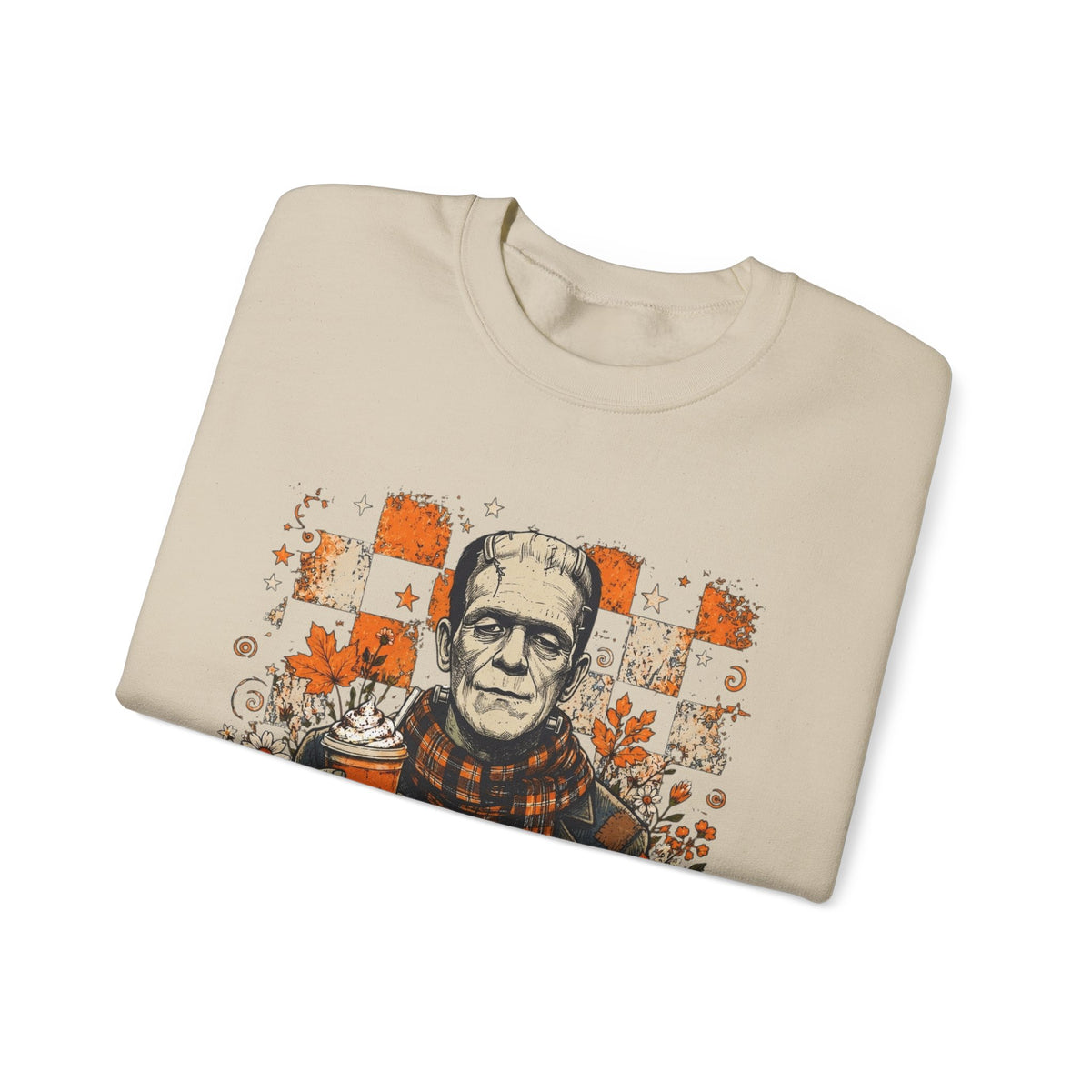 Frankenstein Halloween Crewneck Sweatshirt — Retro Pumpkin & Coffee Spooky Plaid