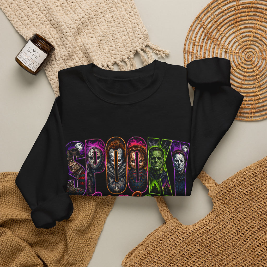 Spooky Season Crewneck Sweatshirt – Colorful Horror Characters Graphic