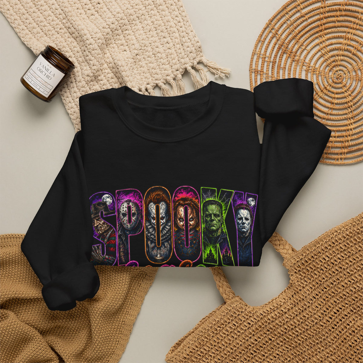 Spooky Season Crewneck Sweatshirt – Colorful Horror Characters Graphic