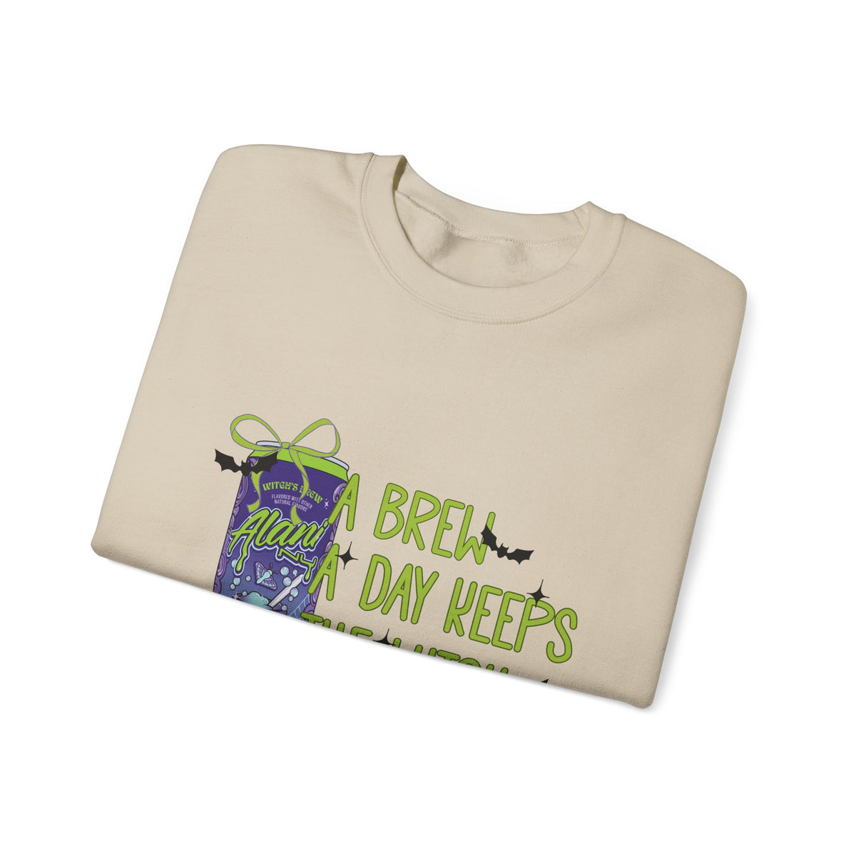 Crewneck Sweatshirt — "Brew Day Keeps the Witch Away" Halloween Coffee Witch Pullover