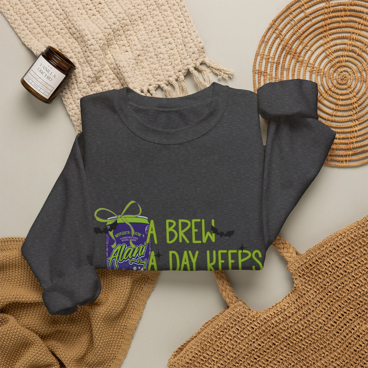 Crewneck Sweatshirt — "Brew Day Keeps the Witch Away" Halloween Coffee Witch Pullover