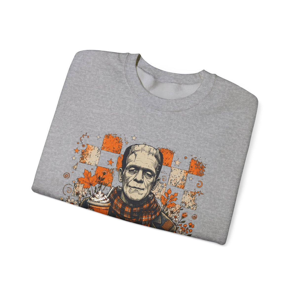 Frankenstein Halloween Crewneck Sweatshirt — Retro Pumpkin & Coffee Spooky Plaid