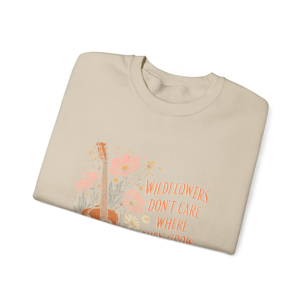 Crewneck Sweatshirt — Wildflowers Don’t Care Where They Grow Floral Guitar Graphic