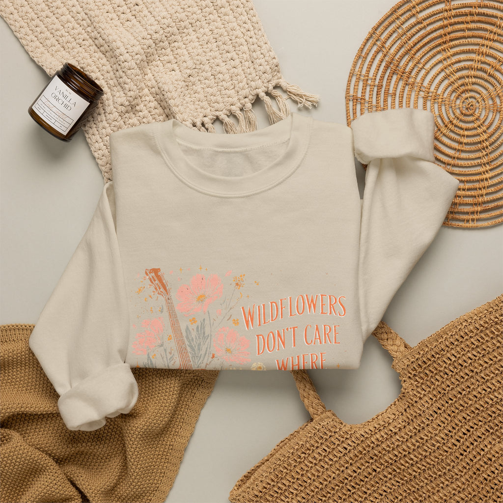 Crewneck Sweatshirt — Wildflowers Don’t Care Where They Grow Floral Guitar Graphic