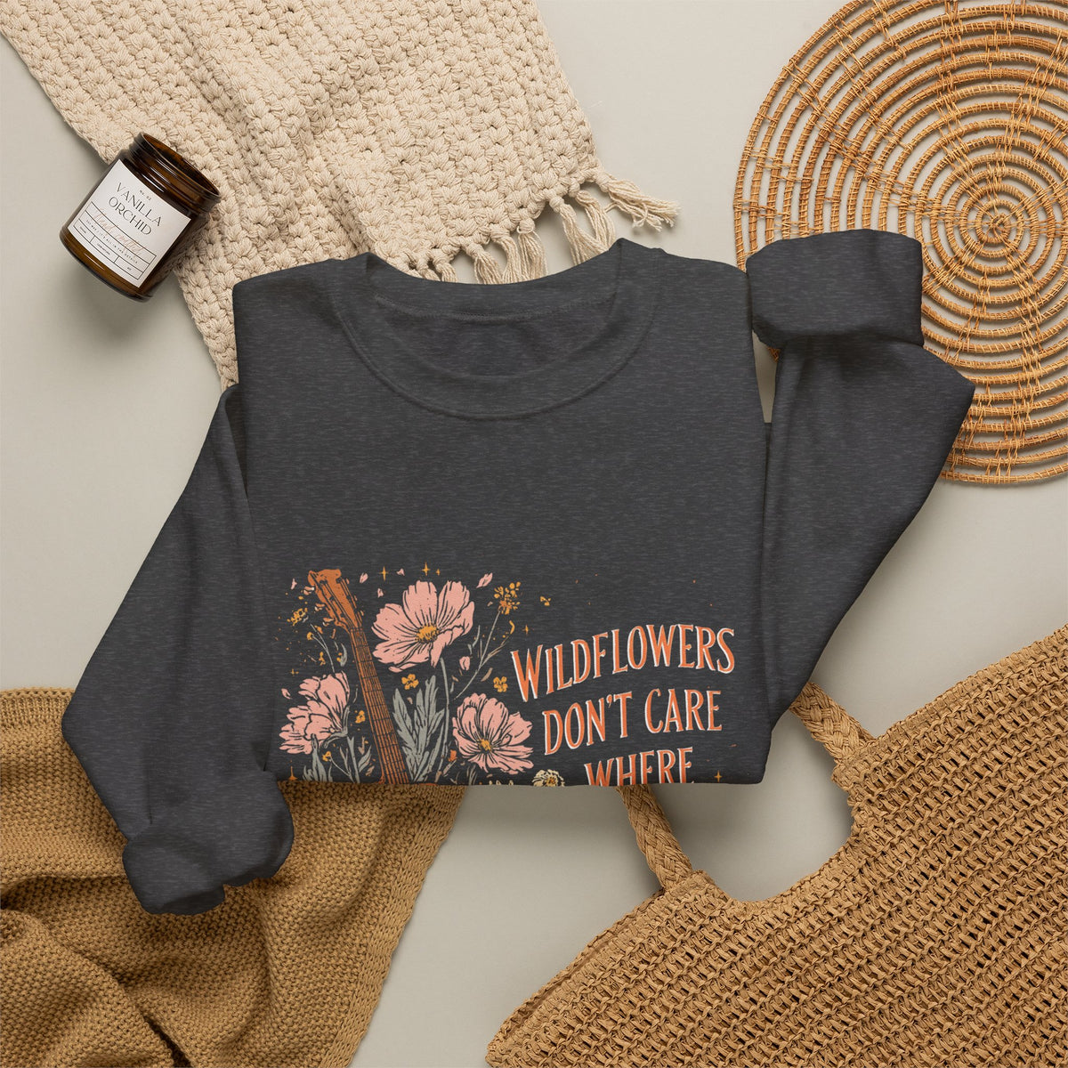 Wildflower Guitar Crewneck Sweatshirt — “Wildflowers Don’t Care Where They Grow” Floral Music Pullover