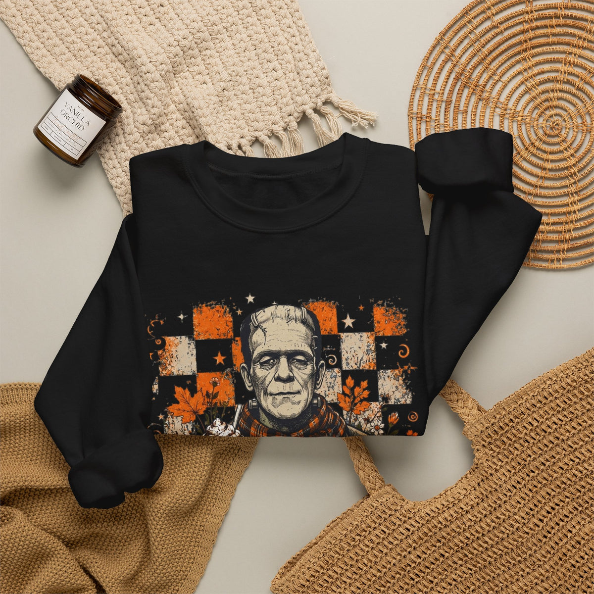 Frankenstein Halloween Crewneck Sweatshirt — Retro Pumpkin & Coffee Spooky Plaid