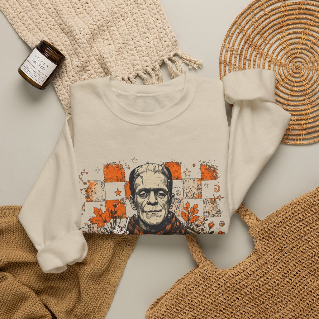 Frankenstein Halloween Crewneck Sweatshirt — Retro Pumpkin & Coffee Spooky Plaid