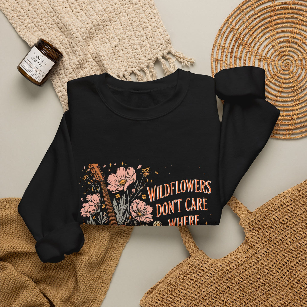 Crewneck Sweatshirt — Wildflowers Don’t Care Where They Grow Floral Guitar Graphic