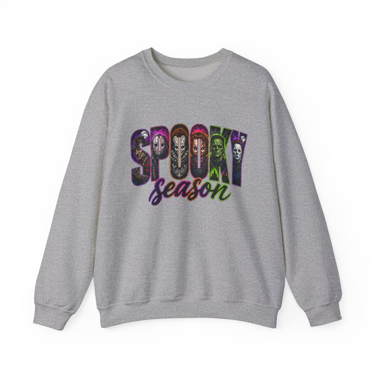 Spooky Season Crewneck Sweatshirt – Colorful Horror Characters Graphic