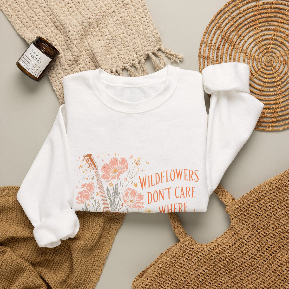 Crewneck Sweatshirt — Wildflowers Don’t Care Where They Grow Floral Guitar Graphic