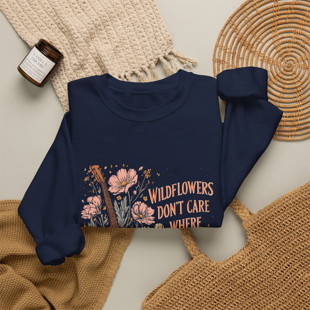 Wildflower Guitar Crewneck Sweatshirt — “Wildflowers Don’t Care Where They Grow” Floral Music Pullover