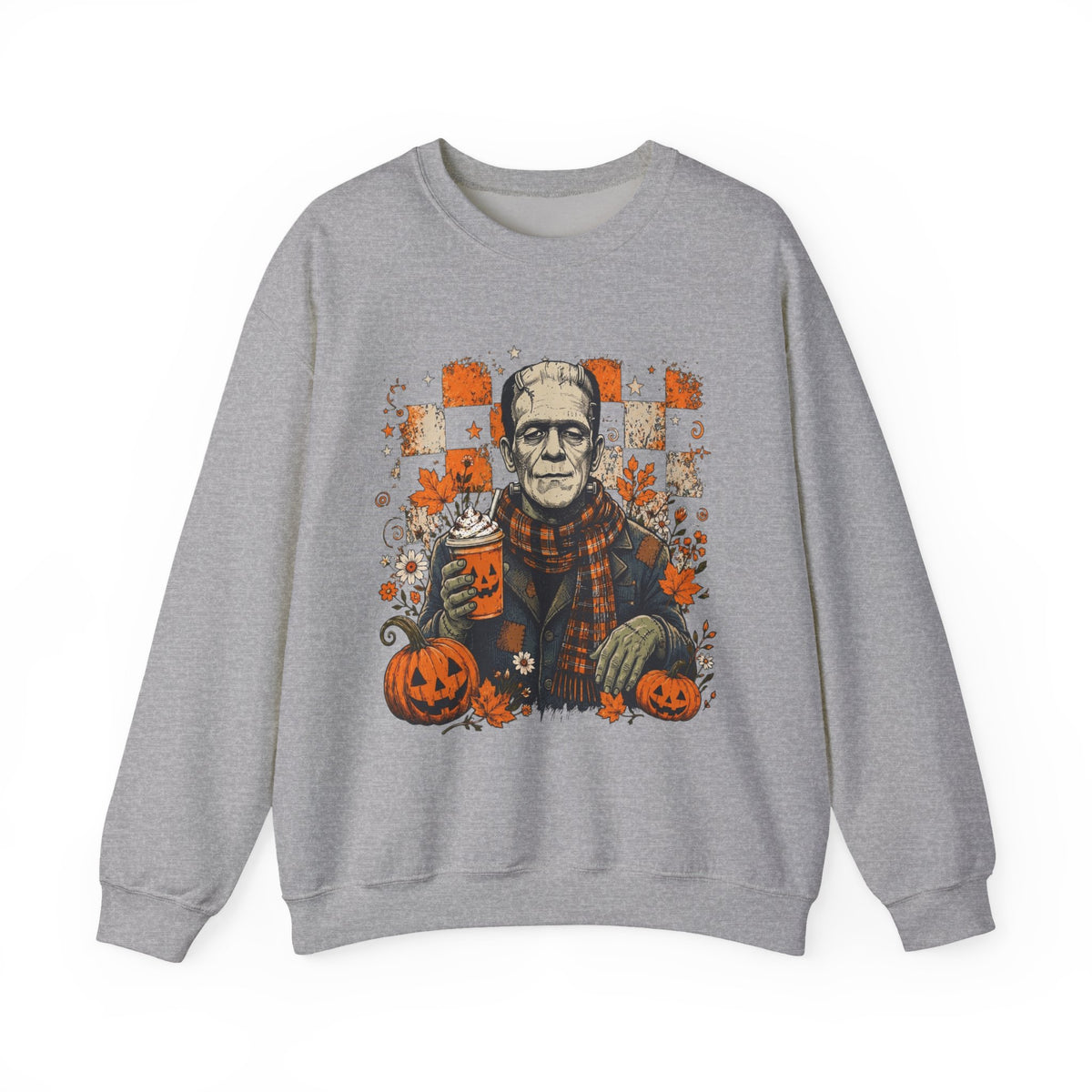 Frankenstein Halloween Crewneck Sweatshirt — Retro Pumpkin & Coffee Spooky Plaid