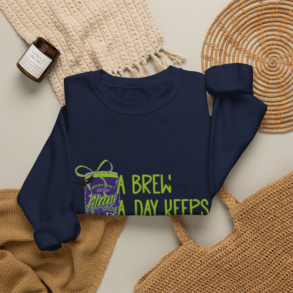 Crewneck Sweatshirt — "Brew Day Keeps the Witch Away" Halloween Coffee Witch Pullover
