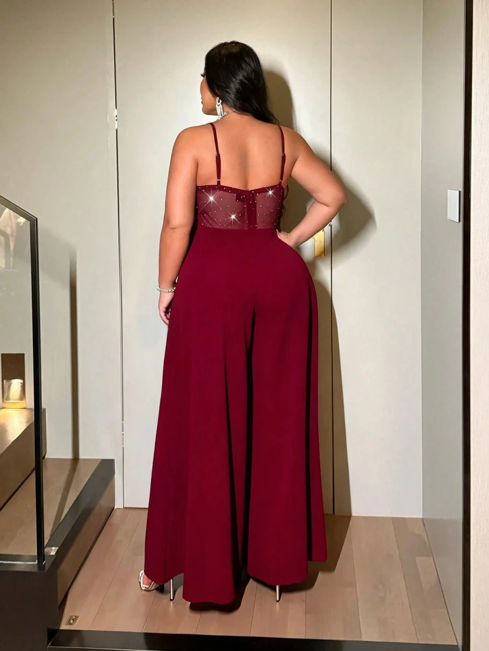Shimmering Mesh Backless Jumpsuit