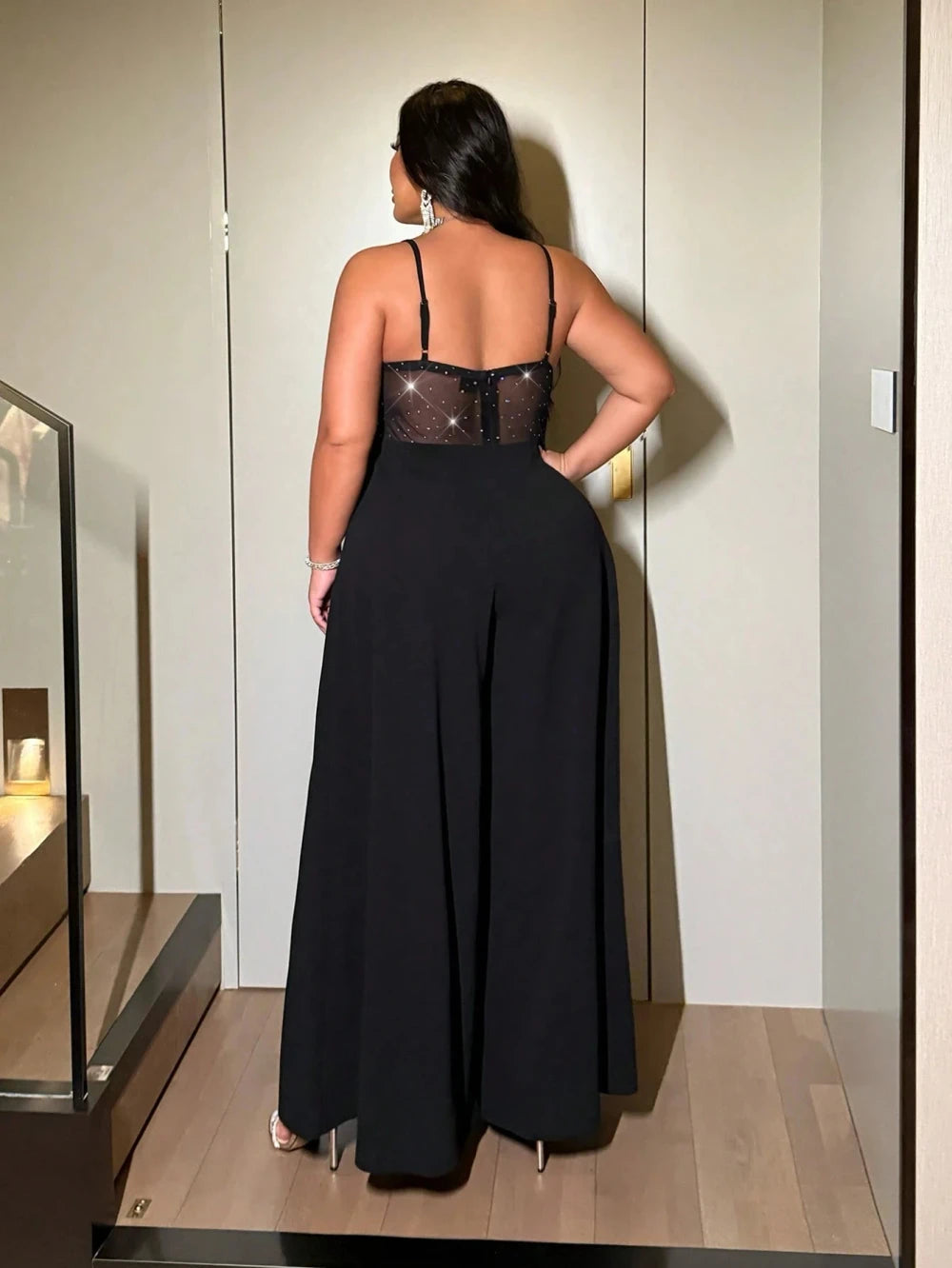 Shimmering Mesh Backless Jumpsuit