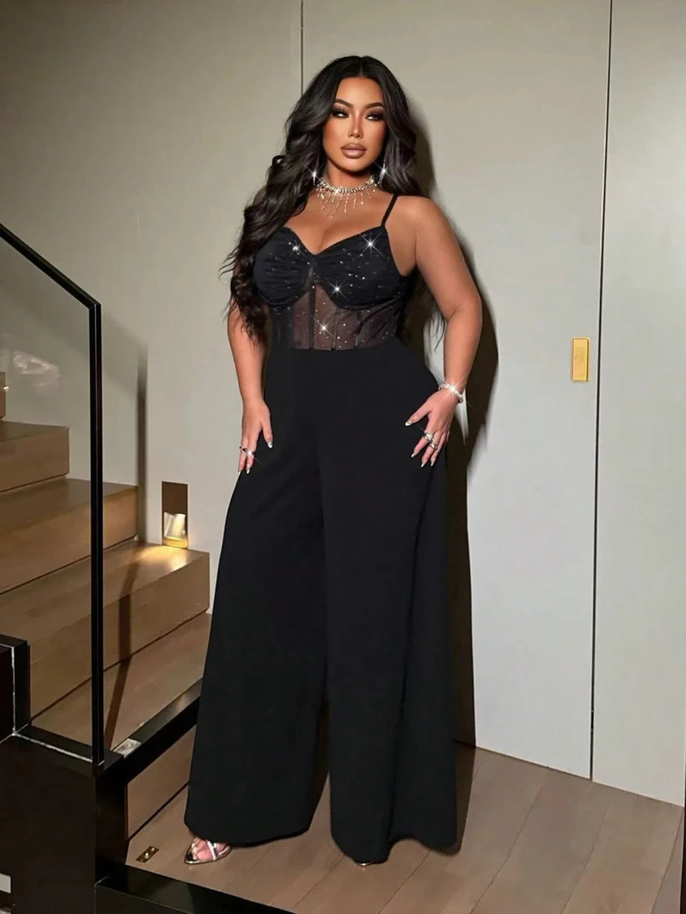 Shimmering Mesh Backless Jumpsuit
