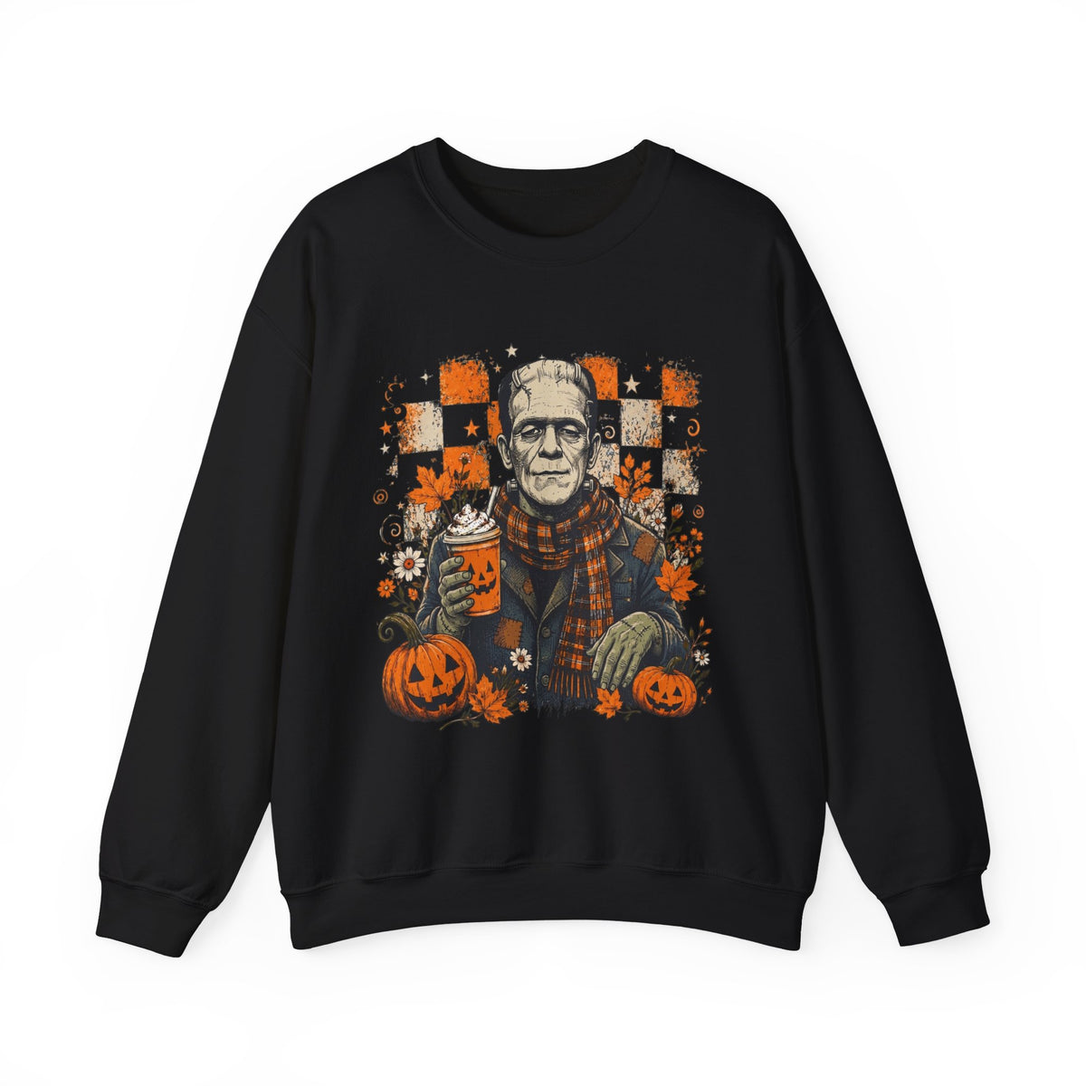Frankenstein Halloween Crewneck Sweatshirt — Retro Pumpkin & Coffee Spooky Plaid
