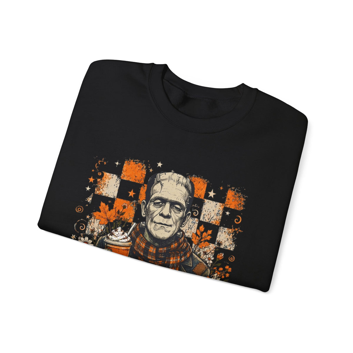 Frankenstein Halloween Crewneck Sweatshirt — Retro Pumpkin & Coffee Spooky Plaid