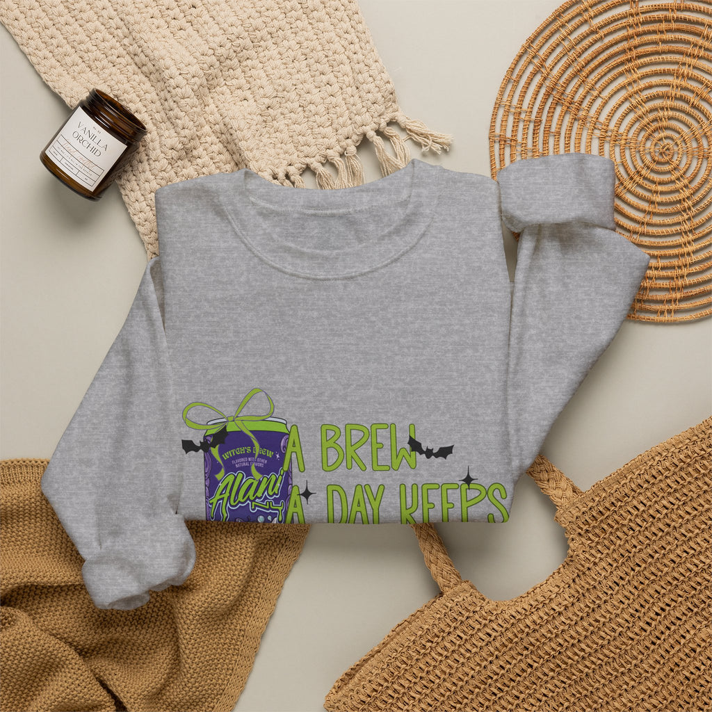 Crewneck Sweatshirt — "Brew Day Keeps the Witch Away" Halloween Coffee Witch Pullover