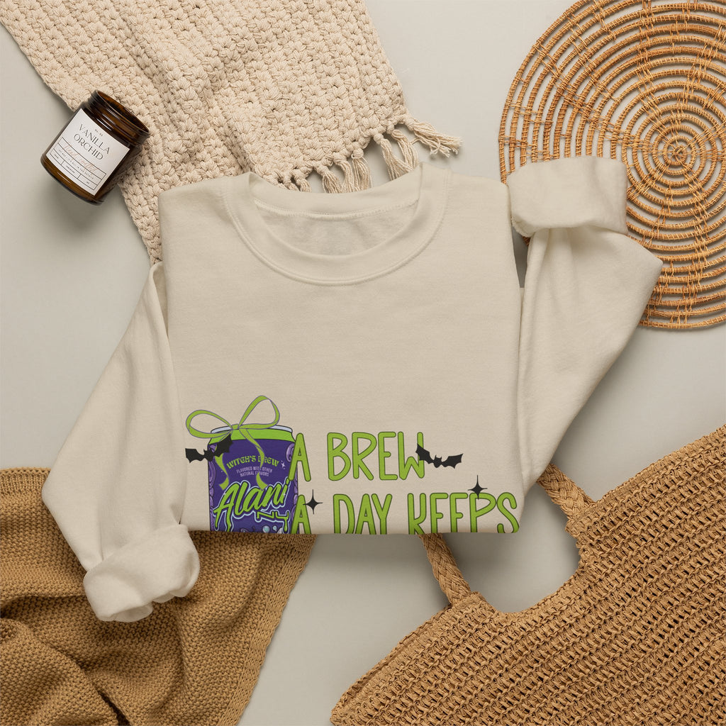 Crewneck Sweatshirt — "Brew Day Keeps the Witch Away" Halloween Coffee Witch Pullover