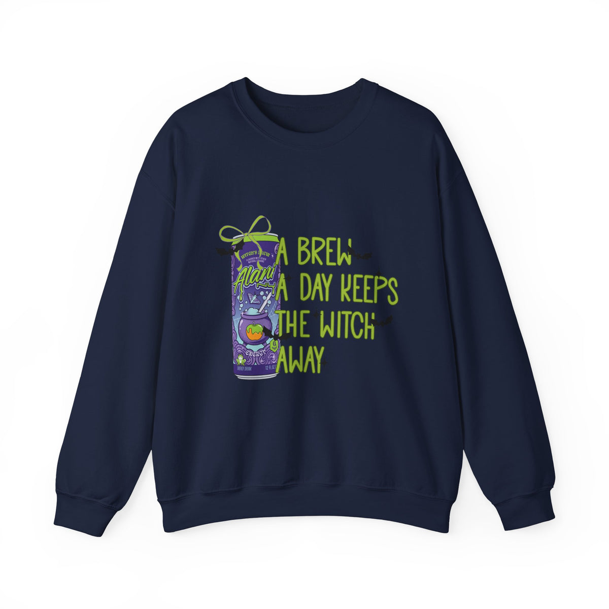 Crewneck Sweatshirt — "Brew Day Keeps the Witch Away" Halloween Coffee Witch Pullover