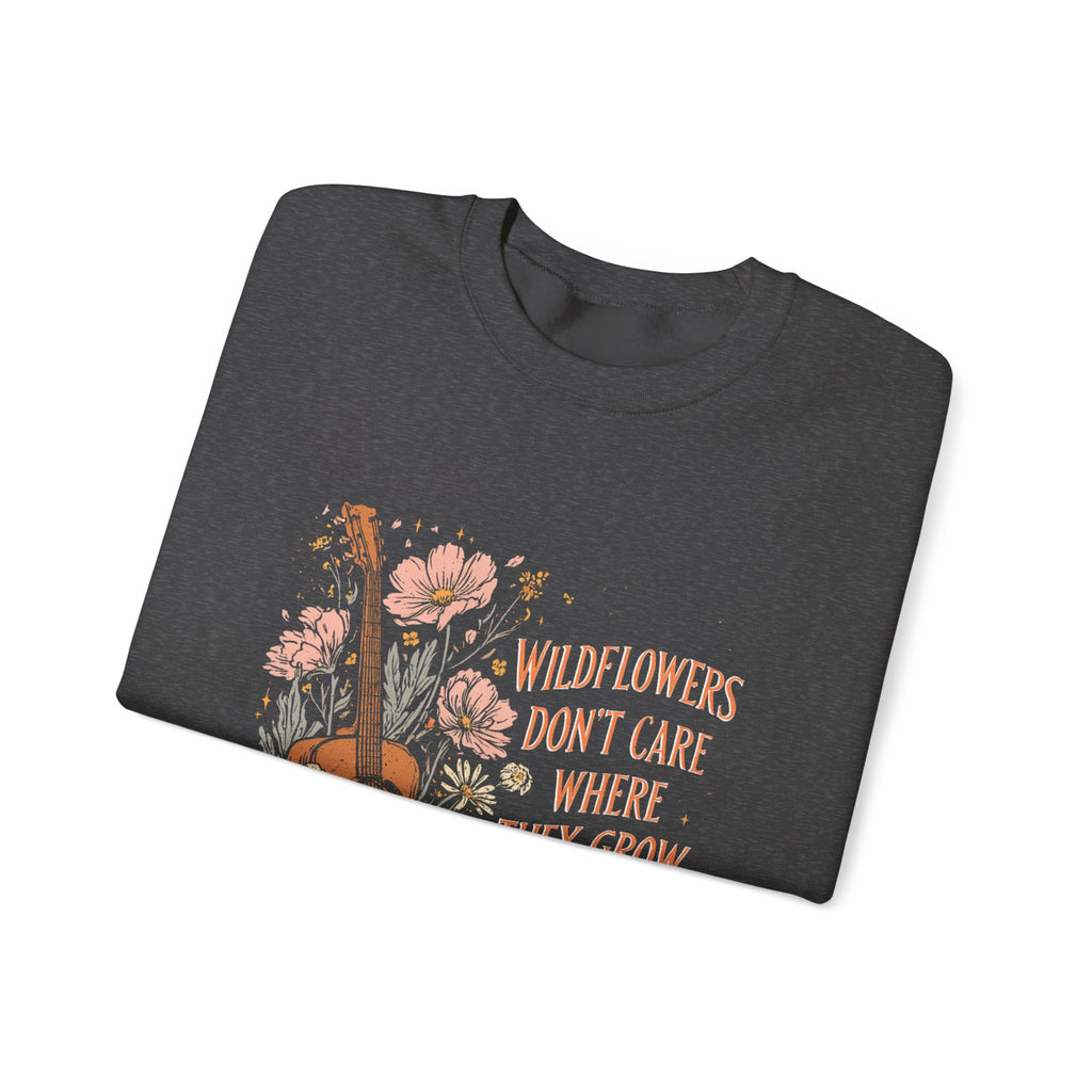 Wildflower Guitar Crewneck Sweatshirt — “Wildflowers Don’t Care Where They Grow” Floral Music Pullover