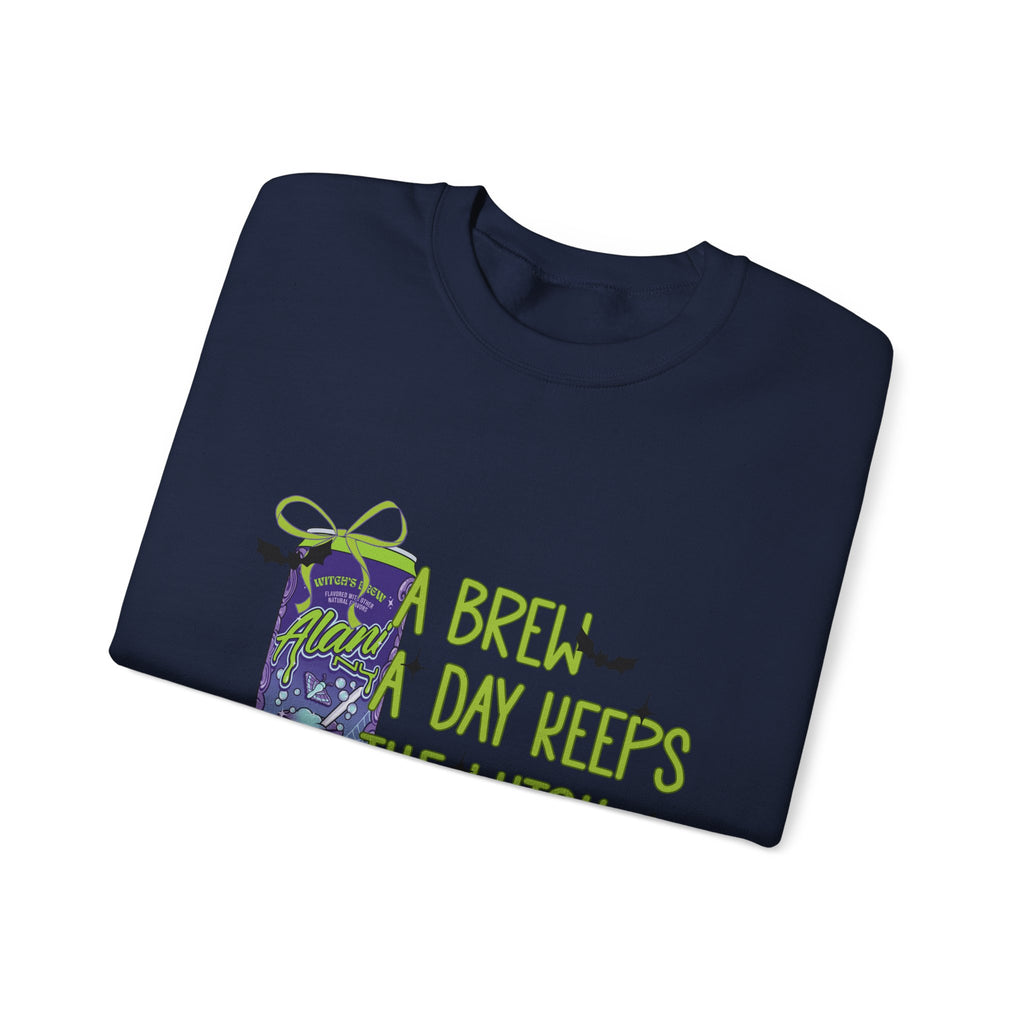 Crewneck Sweatshirt — "Brew Day Keeps the Witch Away" Halloween Coffee Witch Pullover