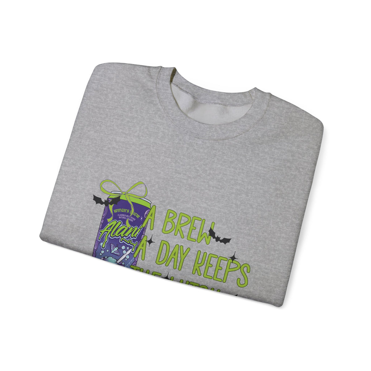 Crewneck Sweatshirt — "Brew Day Keeps the Witch Away" Halloween Coffee Witch Pullover