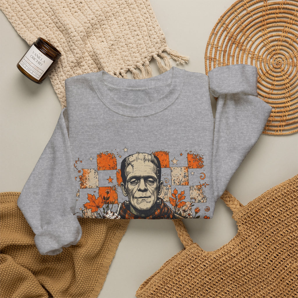 Frankenstein Halloween Crewneck Sweatshirt — Retro Pumpkin & Coffee Spooky Plaid