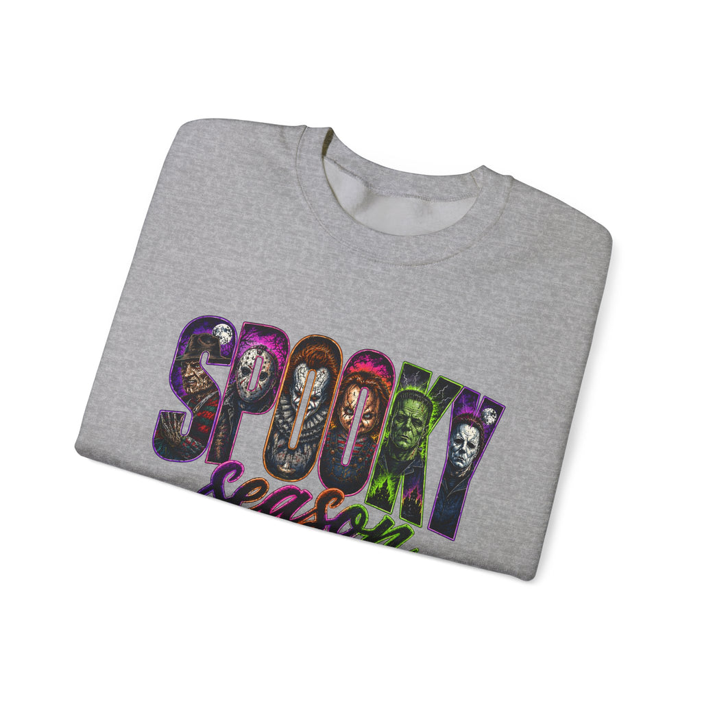 Spooky Season Crewneck Sweatshirt – Colorful Horror Characters Graphic