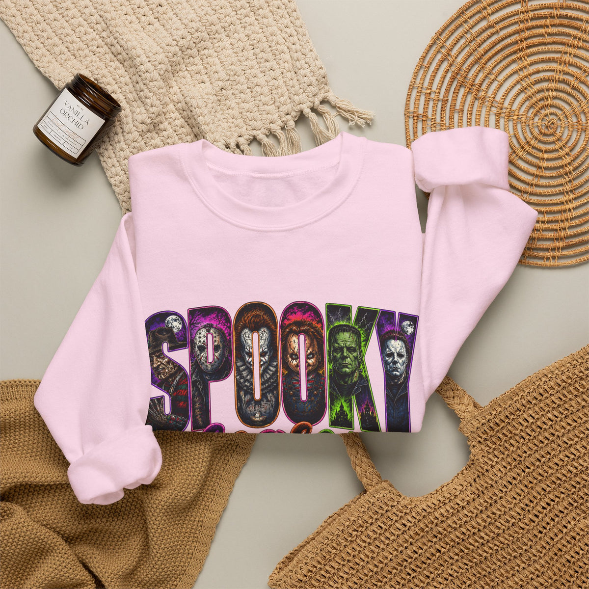 Spooky Season Crewneck Sweatshirt – Colorful Horror Characters Graphic