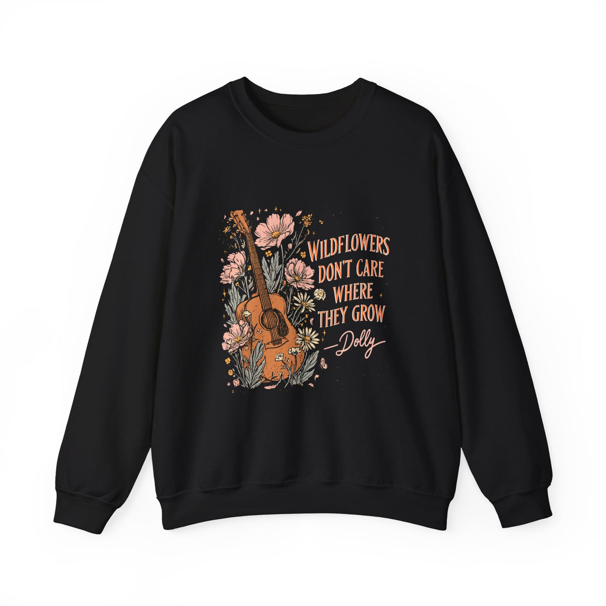 Crewneck Sweatshirt — Wildflowers Don’t Care Where They Grow Floral Guitar Graphic
