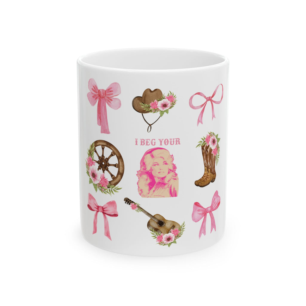 Country Charm Ceramic Mug — Pink Girly Cowgirl Icons & “I Beg Your” Quote (11oz/15oz)
