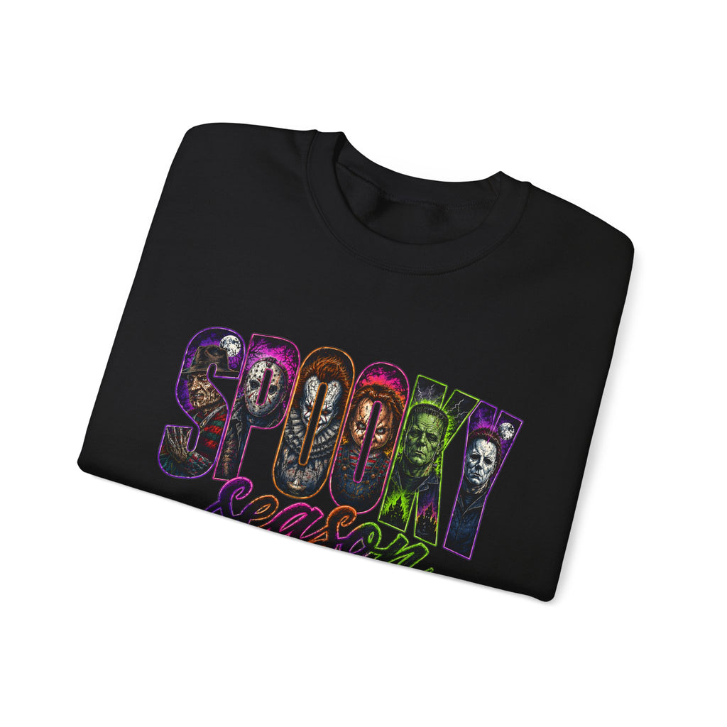 Spooky Season Crewneck Sweatshirt – Colorful Horror Characters Graphic