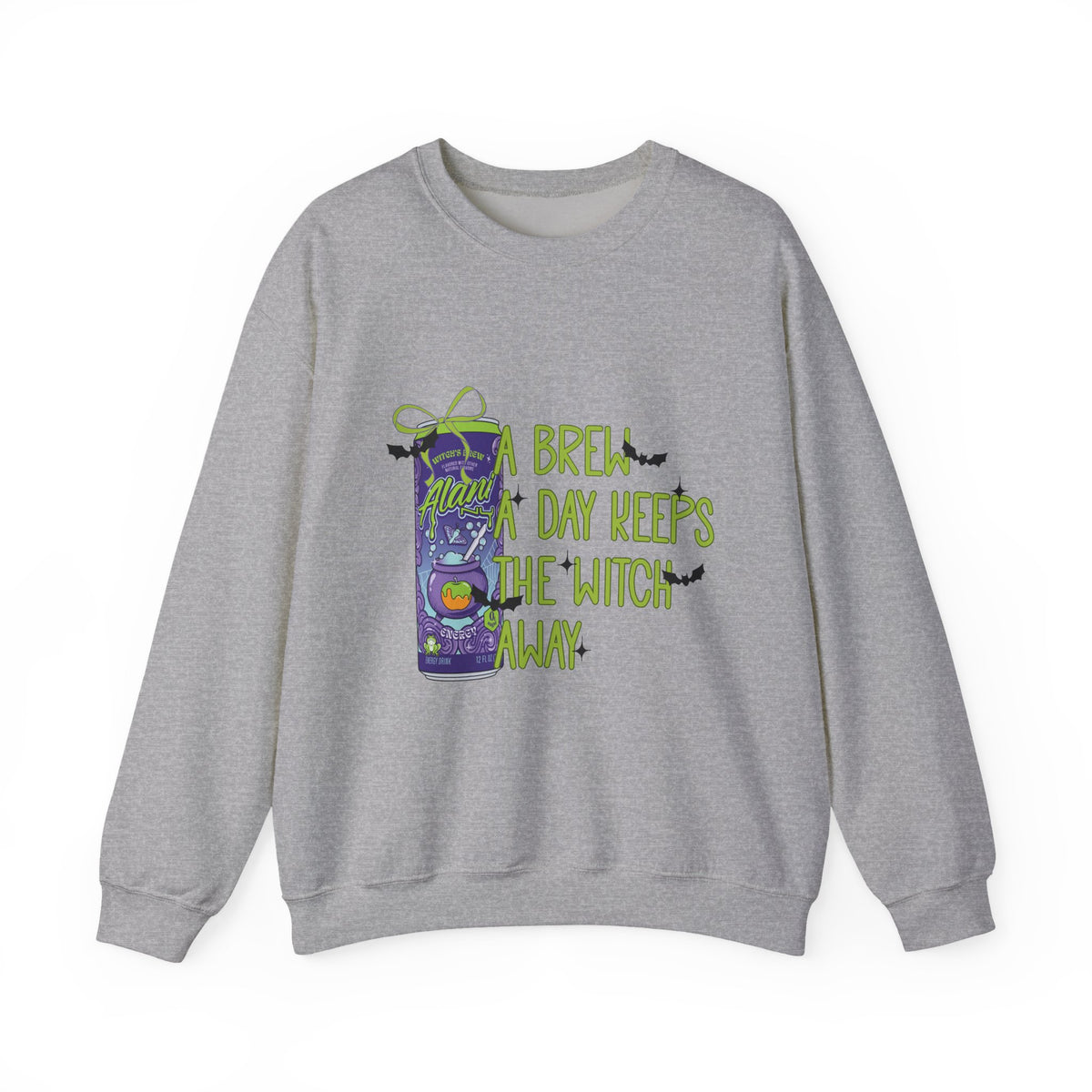 Crewneck Sweatshirt — "Brew Day Keeps the Witch Away" Halloween Coffee Witch Pullover