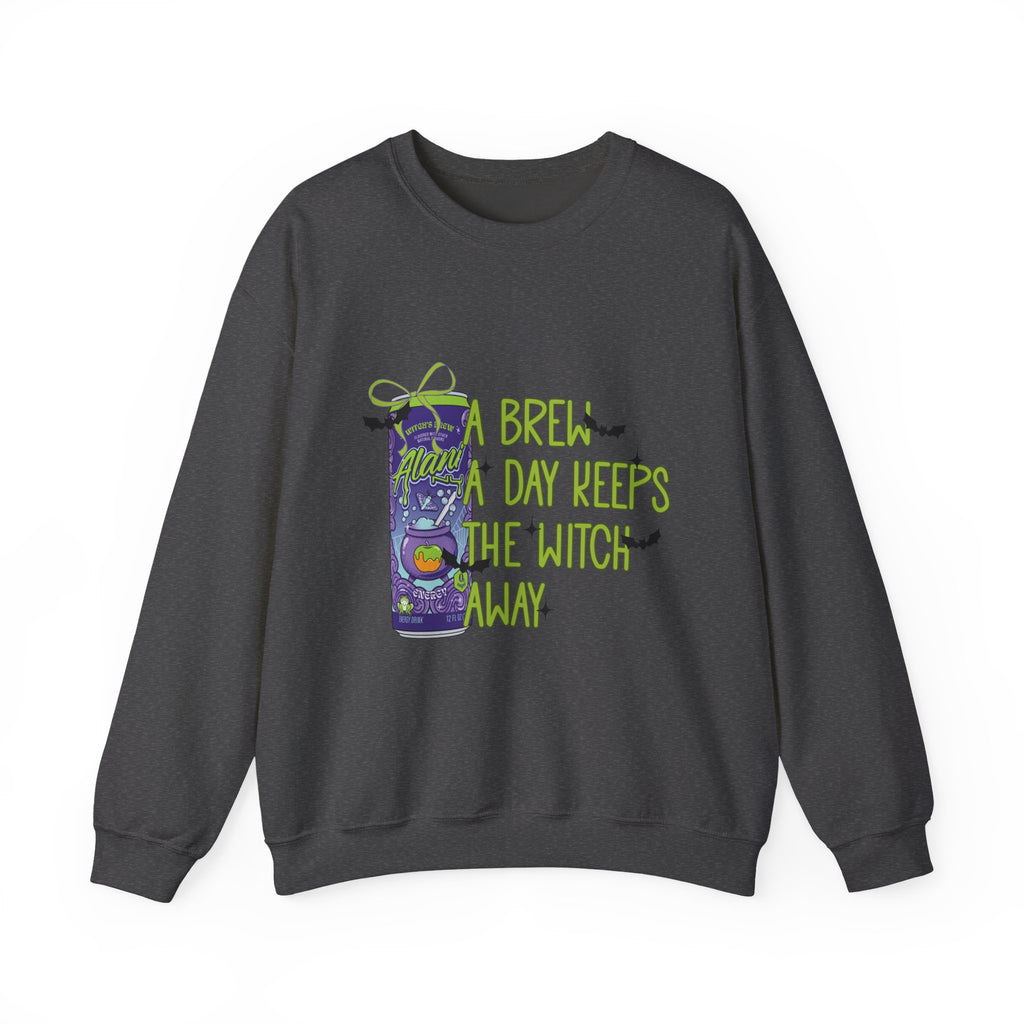 Crewneck Sweatshirt — "Brew Day Keeps the Witch Away" Halloween Coffee Witch Pullover
