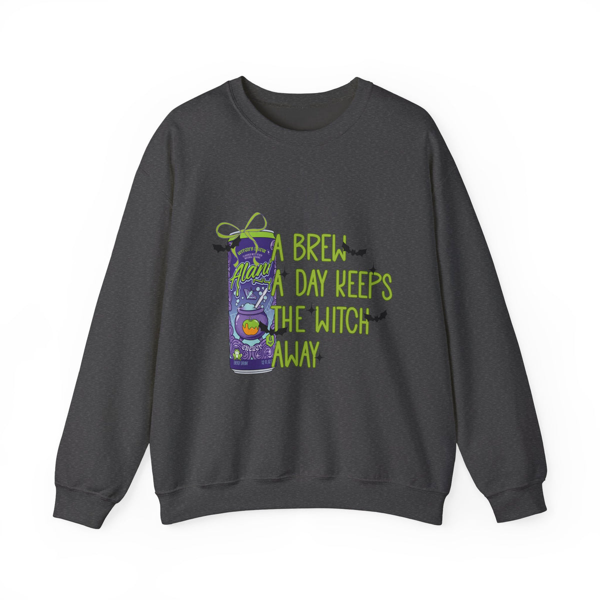 Crewneck Sweatshirt — "Brew Day Keeps the Witch Away" Halloween Coffee Witch Pullover