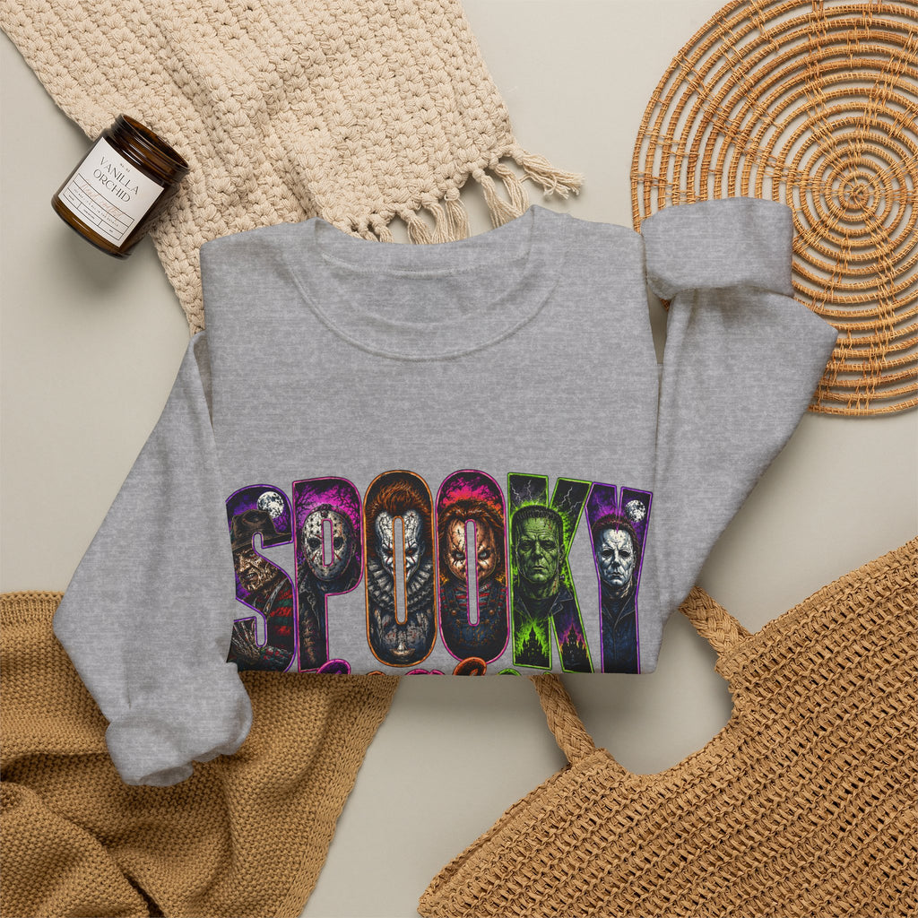 Spooky Season Crewneck Sweatshirt – Colorful Horror Characters Graphic