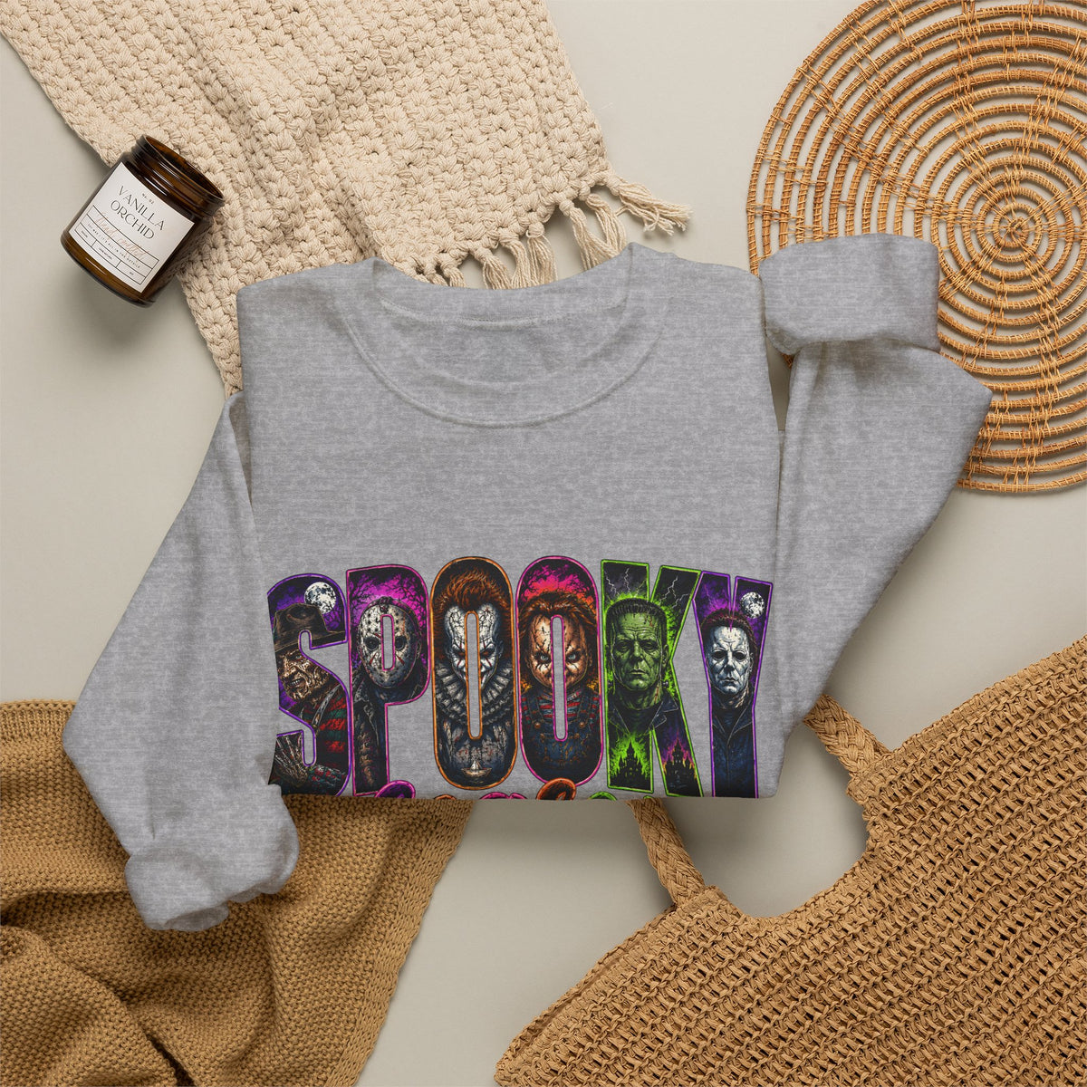 Spooky Season Crewneck Sweatshirt – Colorful Horror Characters Graphic