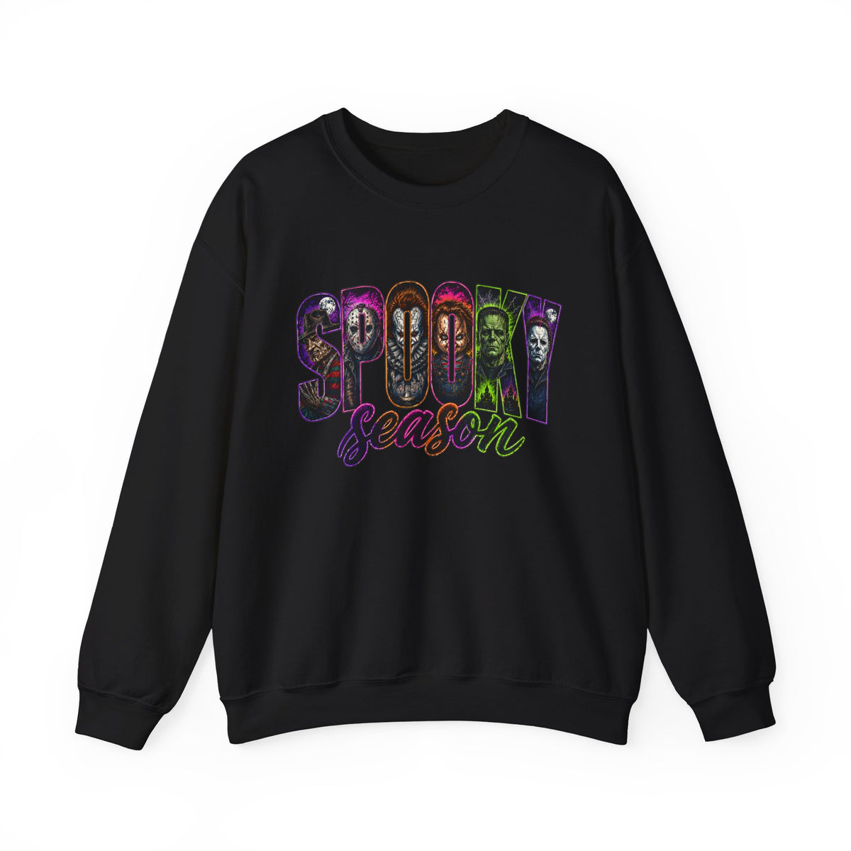 Spooky Season Crewneck Sweatshirt – Colorful Horror Characters Graphic