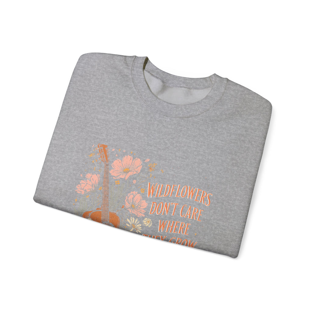 Crewneck Sweatshirt — Wildflowers Don’t Care Where They Grow Floral Guitar Graphic