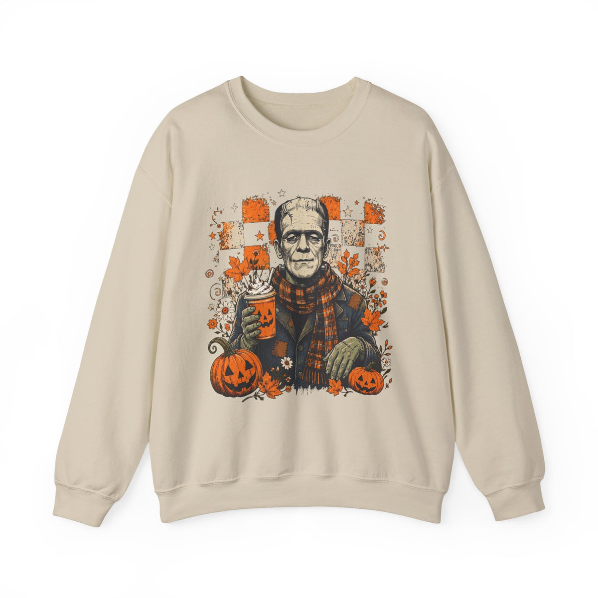 Frankenstein Halloween Crewneck Sweatshirt — Retro Pumpkin & Coffee Spooky Plaid
