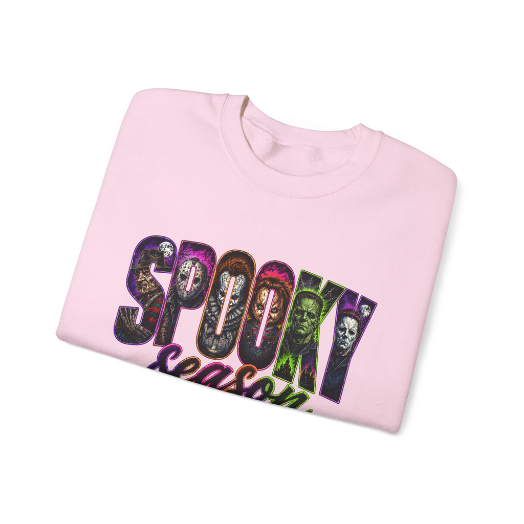 Spooky Season Crewneck Sweatshirt – Colorful Horror Characters Graphic
