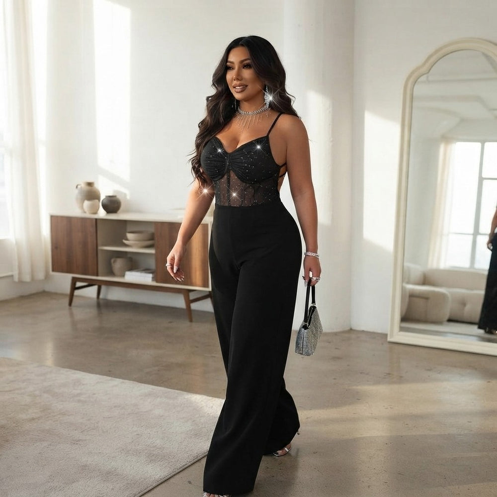 Shimmering Mesh Backless Jumpsuit